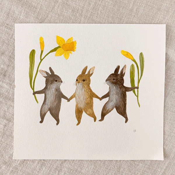 Rabbits and daffodils Original art