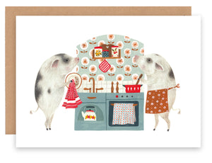 Pigs in kitchen A6 card